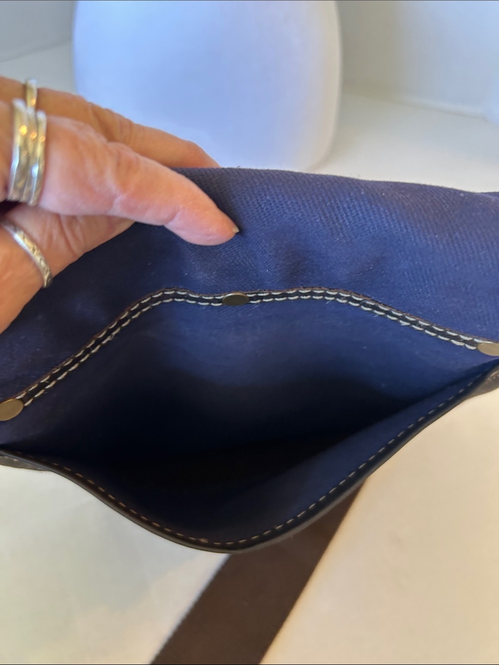 COLE HAAN BLUE CANVAS AND BROWN LEATHER  CARRY SATCHEL /MESSENGER BAG - Picture 13 of 16